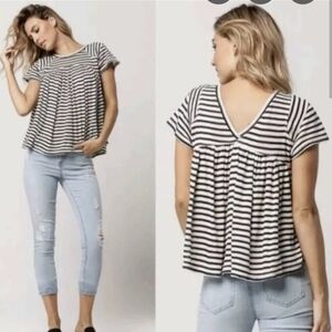 Free People Jo Jo Striped V Neck Back - Short Sleeve Peplum Top